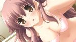  :o arms_behind_back artist_request blush bra breasts brown_eyes brown_hair character_request close-up cropped hosaka_hina ikegami_akane lingerie navel pink_bra solo underwear with_ribbon 
