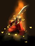  black butterfly glowing highres inuyasha inuyasha_(character) japanese_clothes jewelry keznkaiser kneeling long_hair male necklace solo sword weapon wide_sleeves 