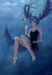  barefoot blue_eyes blue_hair dress feet fish floating_hair hatsune_miku highres long_hair sandro shinkai_shoujo_(vocaloid) signature solo spark_(sandro) twintails underwater vocaloid water 