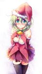  amano_chiharu aqua_eyes bell black_legwear blush bow breasts cleavage elbow_gloves frills front_ponytail gloves green_hair hair_bow hair_ornament hat jingle_bell kagiyama_hina long_hair looking_at_viewer santa_costume santa_hat smile solo thigh-highs thighhighs touhou 