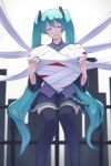  1girl bandages bangs belt blue_hair closed_eyes collared_shirt hair_ornament hatsune_miku heart highres holding holding_heart long_hair long_sleeves nail_polish necktie pleated_skirt shirt signature sitting sitting_on_railing skirt smile solo streaming_heart_(vocaloid) thigh-highs twintails very_long_hair vocaloid wanoka_04 