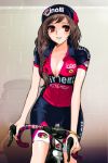  bicycle bike_shorts bracelet braid breasts brown_hair cleavage hat jewelry large_breasts long_hair lowres red_eyes shorts solo sword_girls 