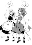  apron bobby_socks braid detached_sleeves hakurei_reimu heart index_finger_raised kirisame_marisa long_hair make2961 mary_janes mielang miko monochrome multiple_girls no_hat no_headwear raised_finger shoes socks spoken_heart spoken_sweatdrop star sweatdrop touhou waist_apron wide_sleeves 