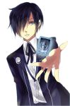  arisato_minato blue_eyes blue_hair card digital_media_player hair_over_one_eye headphones male moonku persona persona_3 school_uniform simple_background solo 