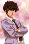  black_hair brown_eyes card_captor_sakura cardcaptor_sakura crossed_arms grin kinomoto_touya male school_uniform short_hair smile yamano_(151515) 