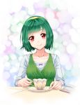  book cup green_hair hairband idolmaster mole nigiriushi otonashi_kotori red_eyes short_hair smile solo teacup 