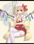  artist_request ascot bad_id blonde_hair bow crossed_legs crystal fang finger_to_mouth flandre_scarlet hat hat_ribbon highres legs_crossed letterboxed open_mouth ponytail puffy_sleeves ray-akila red_eyes ribbon short_hair short_sleeves side_ponytail sitting skirt skirt_set smile solo the_embodiment_of_scarlet_devil thigh-highs thighhighs touhou white_legwear wings 