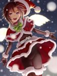  belt bodysuit bowtie brown_hair choker christmas hat heart idolmaster kikuchi_makoto nekopuchi open_mouth santa_costume santa_hat short_hair snow solo striped 