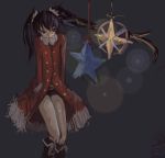  black_hair black_rock_shooter black_rock_shooter_(character) boots christmas christmas_ornaments coat fur_trim hands_in_pockets heterochromia knee_boots long_hair pan!ies red_coat short_shorts shorts solo twintails 