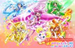  5girls :d aoki_reika blonde_hair blue_eyes blue_hair boots bow candy_(smile_precure!) creature cure_beauty cure_happy cure_march cure_peace cure_sunny dress electricity fire green_eyes green_hair hair_bun happy head_wings hino_akane hoshizora_miyuki ice kise_yayoi long_hair magical_girl midorikawa_nao multiple_girls official_art open_mouth orange_dress pink_dress pink_eyes pink_hair pointing precure red_eyes red_hair redhead ribbon short_hair smile smile_precure! sparkle tiara twintails wrist_cuffs yellow_dress yellow_eyes 