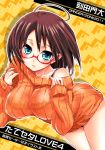  ahoge blue_eyes blush bra breasts brown_hair glasses highres lace_bra large_breasts lingerie no_pants off_shoulder original red-framed_glasses see-through short_hair solo sweater tokita_monta translation_request underwear 