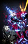  battle digital_media_player earphones godtail highres ipod lights male muscle original punching robot science_fiction sparks white_hair 