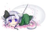  alternate_eye_color animal_ears ankle_socks aya-0w0 blue_eyes bobby_socks bow cat_ears cat_tail cherry_blossoms crossed_arms hair_bow hair_ribbon head_rest katana kemonomimi_mode konpaku_youmu konpaku_youmu_(ghost) looking_at_viewer lying mary_janes ribbon shoes silver_hair simple_background socks solo sword tail touhou weapon 