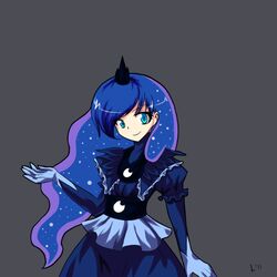  alphes_(style) aqua_eyes blue_eyes blue_hair crown dress elbow_gloves gloves grey_background hat human leimi long_hair luna_(my_little_pony) mini_top_hat my_little_pony my_little_pony_friendship_is_magic parody personification solo style_parody top_hat touhou 