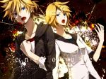  1girl blonde_hair blue_eyes clenched_hand fist hair_ornament hairclip hand_on_own_chest hukkyunzzz kagamine_len kagamine_rin open_mouth short_hair siblings singing twins vocaloid 