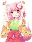  animal_ears endyy flower hair_flower hair_ornament hieda_no_akyuu japanese_clothes kemonomimi_mode pink_eyes pink_hair simple_background solo tail touhou white_background wide_sleeves 