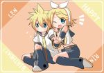  1boy 1girl aqua_eyes ascot blonde_hair blue_eyes brother_and_sister headphones kagamine_len kagamine_rin minami_(colorful_palette) navel open_mouth short_hair siblings sitting smile twins v vocaloid wariza wink 