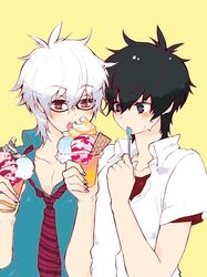  black_hair blue_eyes blush cup eating fang food gintama glasses hijikata_toushirou holding holding_spoon ice_cream kyuusama male multiple_boys necktie red_eyes sakata_gintoki shirt simple_background spoon waffle white_hair 