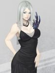  artist_request black_dress black_nails black_rose blue_eyes border_break breasts character_request cleavage daglasses dress flower grey_background hitori_doumei jewelry large_breasts long_hair nail_polish necklace rose silver_hair solo source_request white_hair 