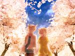  1girl blonde_hair cherry_blossoms clouds hand_holding highres holding_hands kagamine_len kagamine_rin nocho open_mouth petals plane short_hair siblings sky smile twins vocaloid 