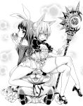  animal_ears asanagi blush bunny_ears bunny_tail crossed_legs elin_(tera) fang fox_ears fox_tail high_heels highres legs_crossed monochrome multiple_girls open_shoes shoes sitting skirt smile staff tail tera_online thigh-highs thighhighs 