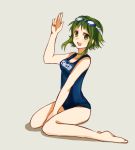  :d arm_up barefoot character_name goggles goggles_on_head green_eyes green_hair grey_background gumi kneeling looking_at_viewer one-piece_swimsuit open_mouth raised_arm school_swimsuit short_hair simple_background sitting smile solo swimsuit tomoyami translated vocaloid wariza 