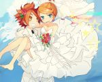  1girl bad_id bare_shoulders barefoot blush bouquet bridal_veil bride carrying dress feet flower grin hasuike_an inazuma_eleven inazuma_eleven_(series) jewelry nagumo_haruya orange_hair princess_carry red_hair redhead short_hair smile veil wedding_dress yellow_eyes yo_yuma 