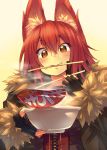  animal_ears black_gloves bowl chopsticks fang fingerless_gloves food fox_ears fur_trim garuku gloves holding jacket long_sleeves mouth_hold noodles object_in_mouth original ramen red_eyes red_hair redhead simple_background solo yellow_eyes 