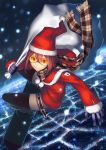  ac_(eshi) bag belt black_legwear brown_hair city_lights flying gloves goggles hat highres night original santa_costume santa_hat scarf sky sky_surfing skyboard smirk snowing solo surfboard surfing thigh-highs thighhighs yellow_eyes 