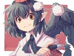  ascot black_hair black_wings bust citolo feathers hat hat_ribbon pen pointy_ears red_eyes ribbon shameimaru_aya shirt short_hair smirk solo touhou wings 