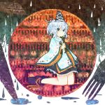  bad_id blue_eyes fork hat highres holding japanese_clothes kneeling knife lace-trimmed_skirt looking_at_viewer mononobe_no_futo ponytail ribbon ringetsumon short_hair silver_hair skirt solo spoon tabi tate_eboshi touhou water_drop water_drops white_hair wide_sleeves 