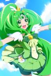  1girl blue_background cure_march dress green green_dress green_eyes green_hair long_hair magical_girl midorikawa_nao open_mouth outstretched_arms precure shorts_under_skirt skirt smile_precure! solo spread_arms tiara tri_tails 