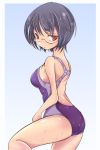  black_hair brown_eyes competition_swimsuit glasses highres looking_back nasu800 one-piece_swimsuit original short_hair solo swimsuit wet 