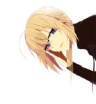  1girl ahoge bespectacled blonde_hair blue_eyes face fate/zero fate_(series) formal glasses long_hair looking_at_viewer open_mouth ponytail saber simple_background solo suit sukima_(crie) white_background 