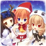  antlers ascot blonde_hair brown_eyes brown_hair chestnut_mouth dress fading_borders fairy fang hat long_hair luna_child multiple_girls purple_eyes red_eyes ribbon santa_hat short_hair smile snowflakes star_sapphire sunny_milk touhou twintails violet_eyes yuku_(kiollion) 