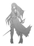  1girl bare_shoulders breastplate castlevania castlevania:_order_of_ecclesia elbow_gloves faulds from_behind gloves greaves greyscale hand_on_hip highres kuso_otoko long_hair looking_back monochrome rapier shanoa small_breasts solo sword tattoo very_long_hair weapon 