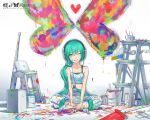  2d alternate_hairstyle aqua_eyes aqua_hair butterfly color colorful grin hatsune_miku headphones heart indian_style ladder long_hair overalls paint paint_bucket paint_splatter paint_stains paintbrush painting ponytail sitting smile solo vocaloid wink 