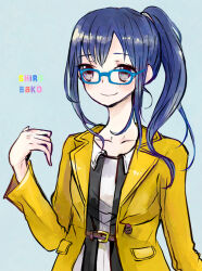 1girl black_dress blue-framed_eyewear blue_background blue_hair blush brown_eyes closed_mouth coat commentary_request copyright_name dormir_(challco) dress glasses high_ponytail imai_midori long_hair looking_at_viewer open_clothes open_coat ponytail shirobako simple_background smile solo upper_body yellow_coat 