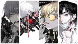  4boys absurdres bandages black_eyes black_gloves black_hair black_nails blonde_hair blood blood_on_clothes braid carriann000 cigarette collared_shirt column_lineup ear_piercing earrings gas_mask gloves grey_eyes grey_hair hand_up hat highres jewelry looking_at_viewer male_focus mask mask_pull mouth_mask multiple_boys multiple_rings necktie open_mouth original parted_lips piercing portrait red_eyes ring shirt short_hair smile sunglasses tinted_eyewear white_hair 