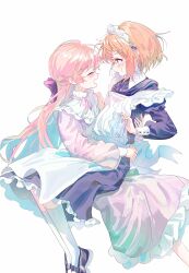  2girls :d absurdres alternate_costume apron bib_collar black_shoes blush bow bowtie closed_eyes collared_dress commentary_request contrast_collar dress enmaided face-to-face facing_another feet_out_of_frame frilled_apron frills from_side green_eyes hair_bow hairband hand_on_another's_back hand_on_another's_shoulder handkerchief highres holding holding_handkerchief juliet_sleeves kagari_mimi kimi_ga_shinu_made_koi_wo_shitai kneehighs long_dress long_hair long_sleeves looking_at_another maid maid_apron maid_headdress multiple_girls open_mouth orange_hair petticoat pink_bow pink_bowtie pink_dress pink_hair profile puffy_long_sleeves puffy_sleeves purple_bow purple_dress shoes short_hair sidelocks simple_background sitting sitting_on_lap sitting_on_person sitting_sideways small_sweatdrop smile socks surprised totsuki_shiina white_apron white_background white_hairband white_socks ydpfa yuri 