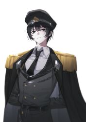  1boy aiguillette arms_behind_back black_eyes black_hair black_jacket black_necktie borrowed_design collared_shirt epaulettes glint highres jacket limbus_company looking_up male_focus necktie parted_lips project_moon shirt simple_background solo white_background white_shirt yi_sang_(project_moon) zero_letter 