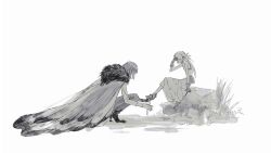  1boy 1girl bandaged_foot bandages cape character_request clawed_feet dress fairy fairy_wings fate/grand_order fate_(series) fur-trimmed_cape fur_trim gloves greyscale highres holding holding_bandages injury insect_wings long_hair medium_hair monochrome oberon_(fate) oberon_(third_ascension)_(fate) on_rock pants shio_fmttm shirt shoes simple_background single_shoe sitting squatting white_background wing_cape wings 