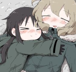  >_< 2girls black_gloves black_hair blonde_hair blush chito_(shoujo_shuumatsu_ryokou) closed_eyes coat crying fur-trimmed_coat fur_trim gloves green_coat gumita hug low_twintails military_uniform multiple_girls open_mouth short_hair shoujo_shuumatsu_ryokou smile tears twintails yuuri_(shoujo_shuumatsu_ryokou) 