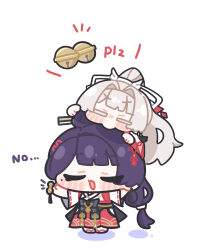  2girls bell biting blunt_bangs character_request chibi chibi_only closed_eyes commentary_request earrings hair_intakes hair_ornament high_ponytail highres hiyuki_(wuthering_waves) holding japanese_clothes jewelry jingle_bell long_hair miko mole mole_under_eye multiple_girls open_mouth ponytail purple_hair simple_background standing syurikenmaru white_background white_hair wide_sleeves wuthering_waves 