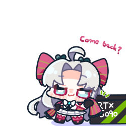  1girl :3 ahoge black_gloves blue_eyes bow carlotta_(wuthering_waves) chibi chibi_only closed_mouth coat commentary_request dress english_text geforce_rtx_5090 gloves hair_bow holding jacket long_hair looking_at_viewer multicolored_eyes parted_bangs pink_bow pink_coat pink_jacket pink_thighhighs smile smug solo striped_bow syurikenmaru thigh-highs two-tone_eyes very_long_hair white_background white_dress white_hair wuthering_waves 
