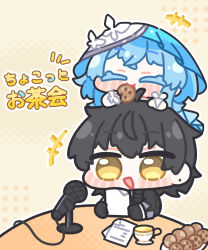  +++ 1boy 1girl black_gloves black_hair black_jacket blue_hair chibi chibi_on_head chibi_only closed_eyes collared_jacket colored_eyelashes commentary_request cookie cup dress earrings eating food gloves highres holding holding_paper jacket jewelry looking_at_object male_rover_(wuthering_waves) microphone on_head open_mouth paper rover_(wuthering_waves) shorekeeper_(wuthering_waves) smile stud_earrings syurikenmaru table teacup translation_request veil white_veil wuthering_waves yellow_eyes 