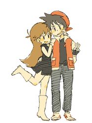  ahoge belt black_hair blue_(pokemon) boots brown_hair cap_backwards gloves kasu_tera pokemon pokemon_special red_(pokemon) smile v 