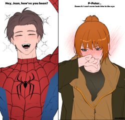  1boy 1girl asarizer black_shirt blush commentary english_text green_eyes green_jacket highres hood hoodie jacket jean_grey light_blush marvel medium_hair peter_parker ponytail shirt simple_background spider-man spider-man:_brand_new_day spider-man_(series) tom_holland waving white_background yellow_hoodie 