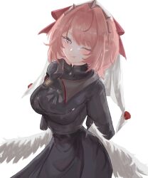  1girl :q ;q absurdres black_dress breasts dress highres irohaqt large_breasts looking_at_viewer medium_hair military_uniform one_eye_closed pink_hair pointy_ears remielle_dan remielle_dan_(past) simple_background solo tongue tongue_out veil violet_eyes white_background white_veil white_wings wings zenless_zone_zero 