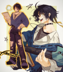  1boy absurdres asaba_harumasa belt black_hair black_pants black_shirt black_shoes blue_sweater collar commentary_request earrings electric_guitar fang guitar headband hhhye_tw highres holding holding_guitar holding_instrument holding_paper instrument jewelry looking_at_viewer male_focus necklace off-shoulder_sweater off_shoulder one_eye_closed open_mouth pants pants_rolled_up paper playing_guitar playing_instrument shirt shoes short_hair solo spiked_collar spikes star_(symbol) sweat sweater teeth tongue torn_clothes torn_pants upper_teeth_only white_background white_shirt yellow_background yellow_eyes yellow_headband zenless_zone_zero 